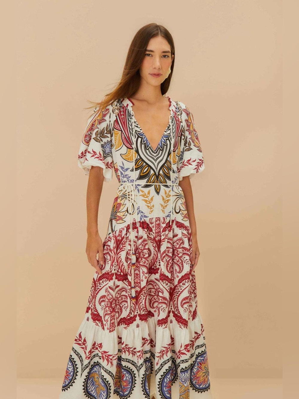 FARM Rio Black & White Striped Tropical Boho Maxi Dress with Brown Accents